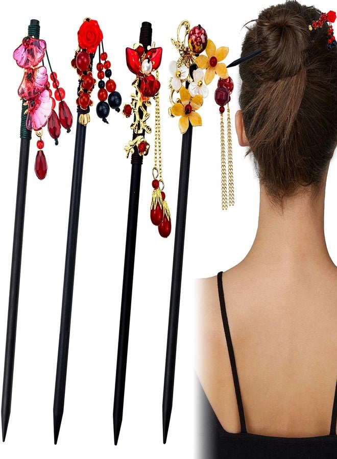 Arvintas 4 PACK Chinese Hair Chopsticks for Women, Wooden Hair Accessories, Japanese Hair Stick, Retro Tassel Retro Handmade Hairpins Flower Tassel Hair Chopsticks for Long Hair - Image 1